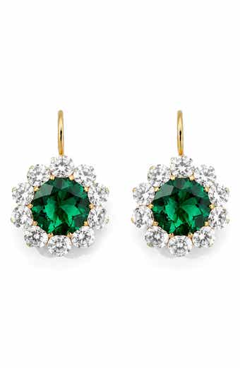 14k Gold Vermeil Emerald and Cubic Zirconia Flower Drop Earrings