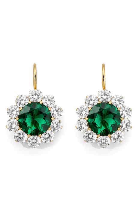 14k Gold Vermeil Emerald and Cubic Zirconia Flower Drop Earrings