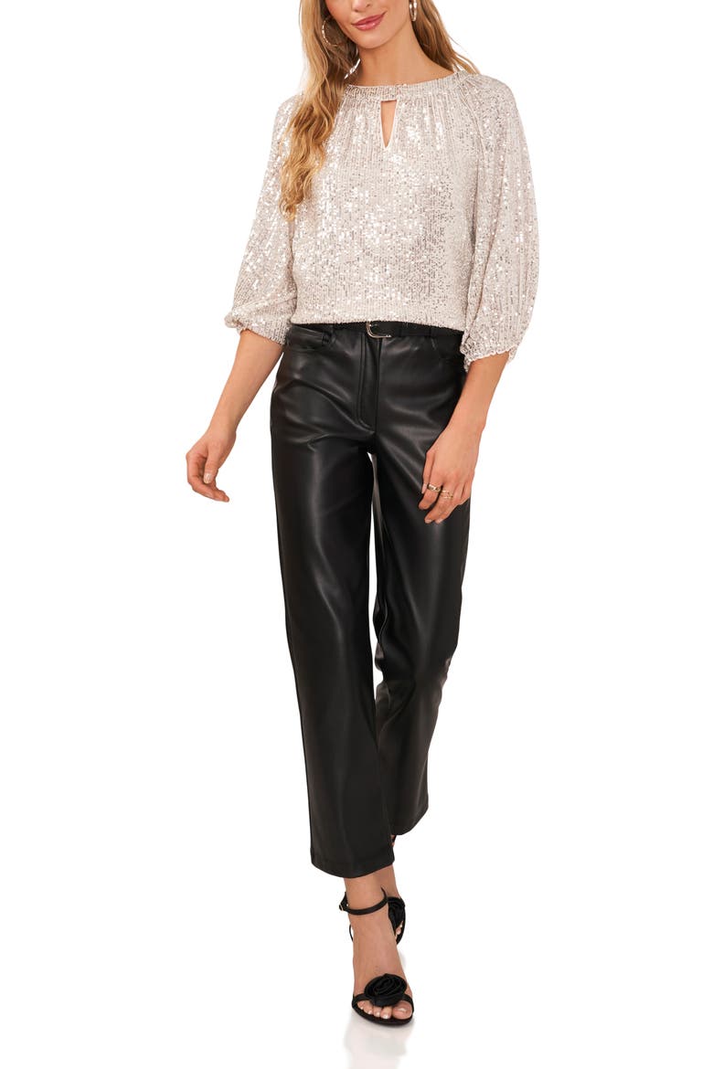 Sequin Keyhole Neck Blouse, Alternate, color, SILVER