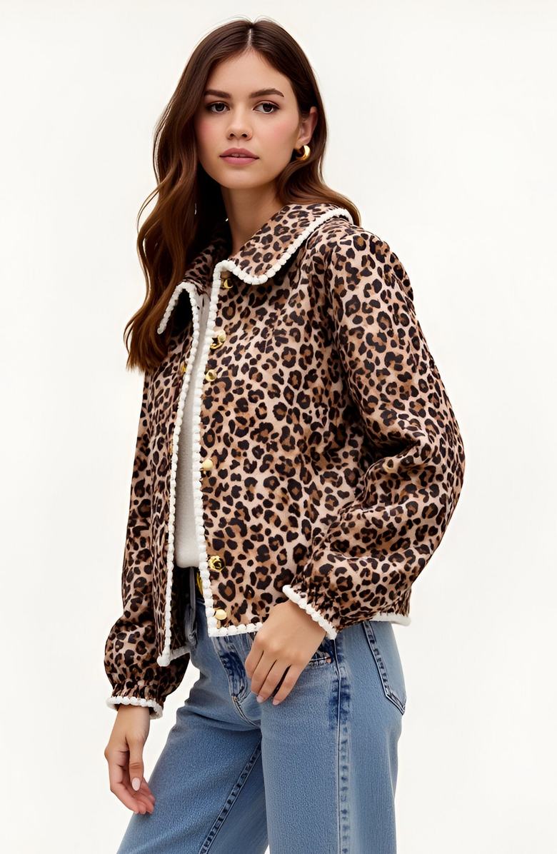 Modenaire Leopard Print Button-Front Contrast Trim and Collar Jacket, Alternate, color, Leopard Print