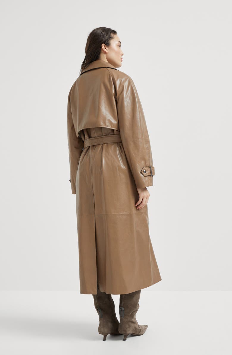 Brunello Cucinelli Polished nappa leather trench with monili, Alternate, color, Cognac
