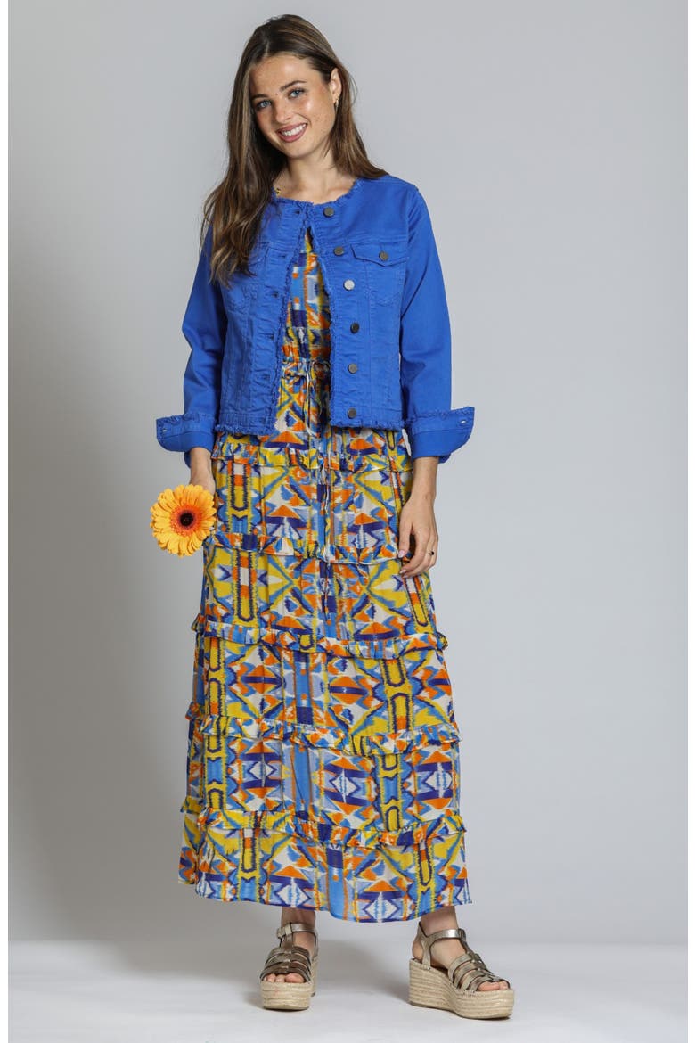 Frayed Collarless Denim Jacket, Alternate, color, DAZZLING BLUE