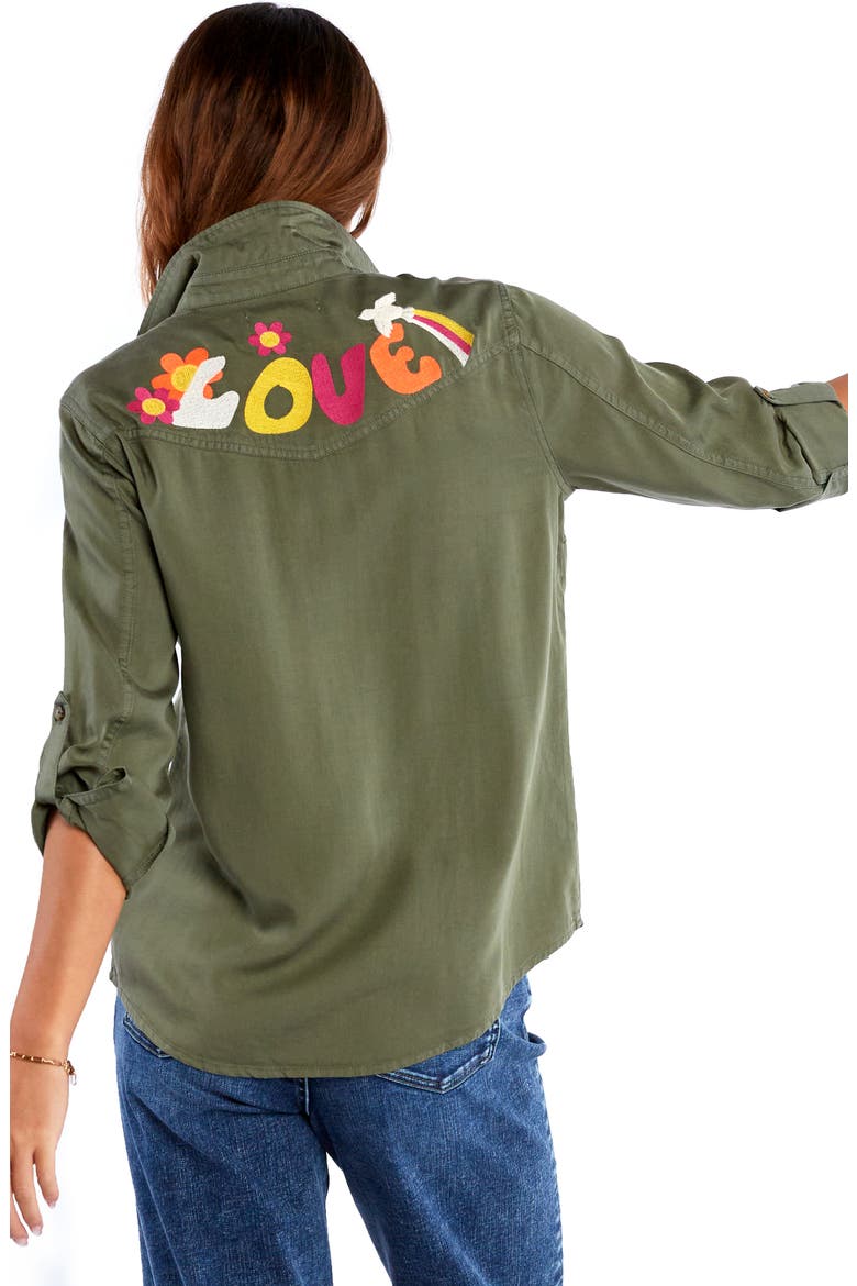Peace & Love Embroidered Button-Up Shirt, Alternate, color, SOFT OLIVE