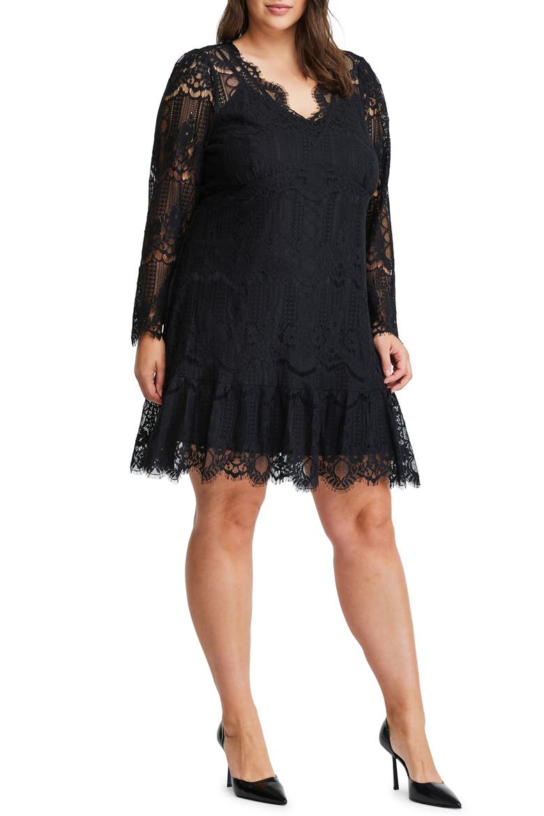 Lace Overlay Long Sleeve Dress, Alternate, color, BLACK
