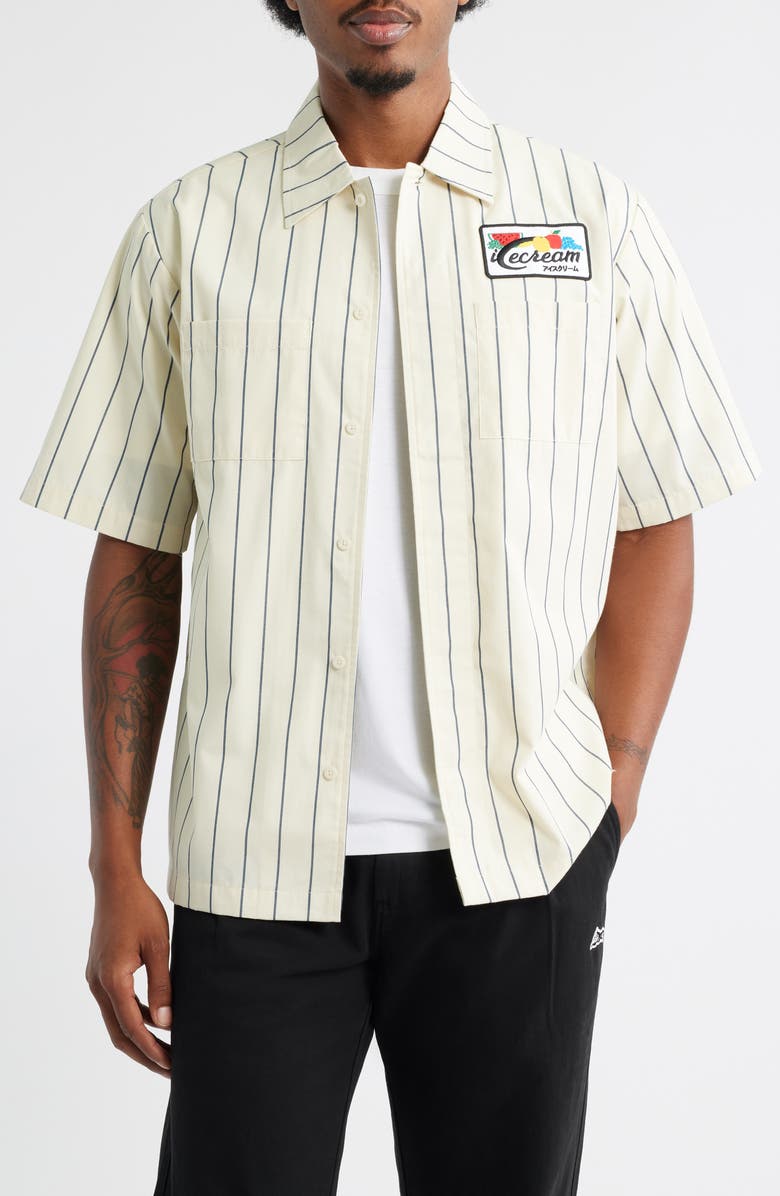 ICECREAM Fruit by the Fruit Stripe Short Sleeve Cotton Graphic Button-Up Shirt, Main, color, White