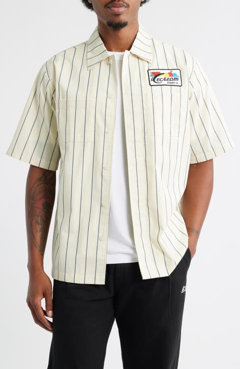 Fruit by the Fruit Stripe Short Sleeve Cotton Graphic Button-Up Shirt