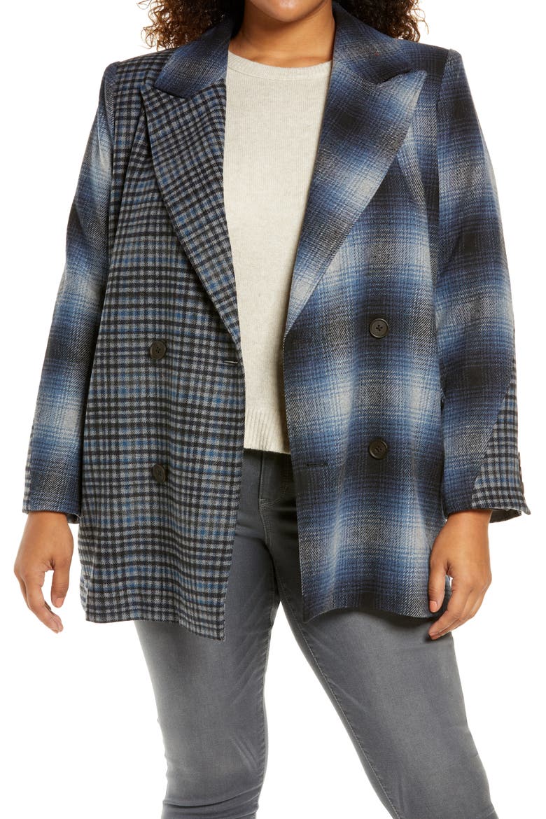 Mix Plaid Double Breasted Coat, Main, color, BLUE MULTI PLAID