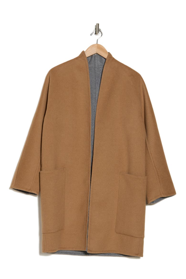 Reversible Collarless Wool Blend Coat, Alternate, color, DARK CAMEL/ MED H GREY