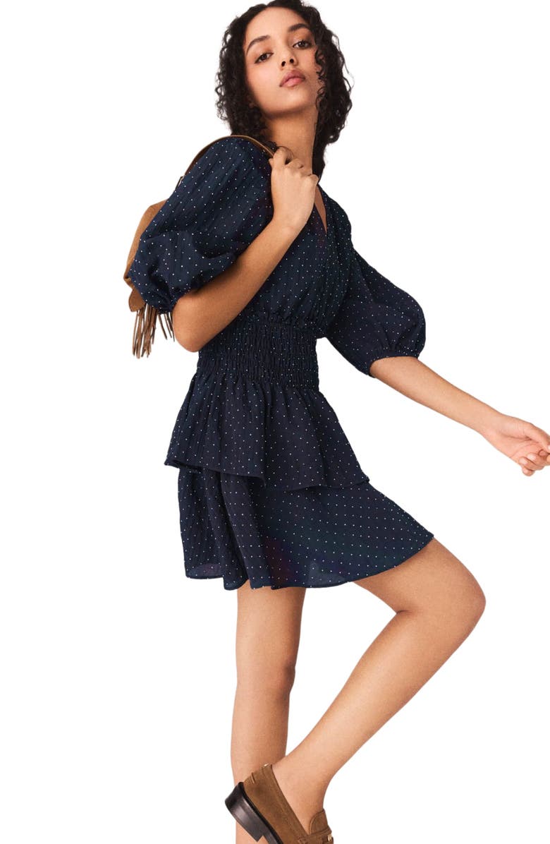 maje Ruffle and rhinestone dress, Alternate, color, Navy