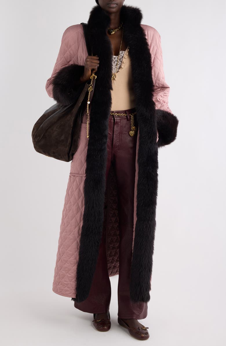 Chloé Diamond Quilted Longline Coat with Genuine Shearling Trim, Alternate, color,