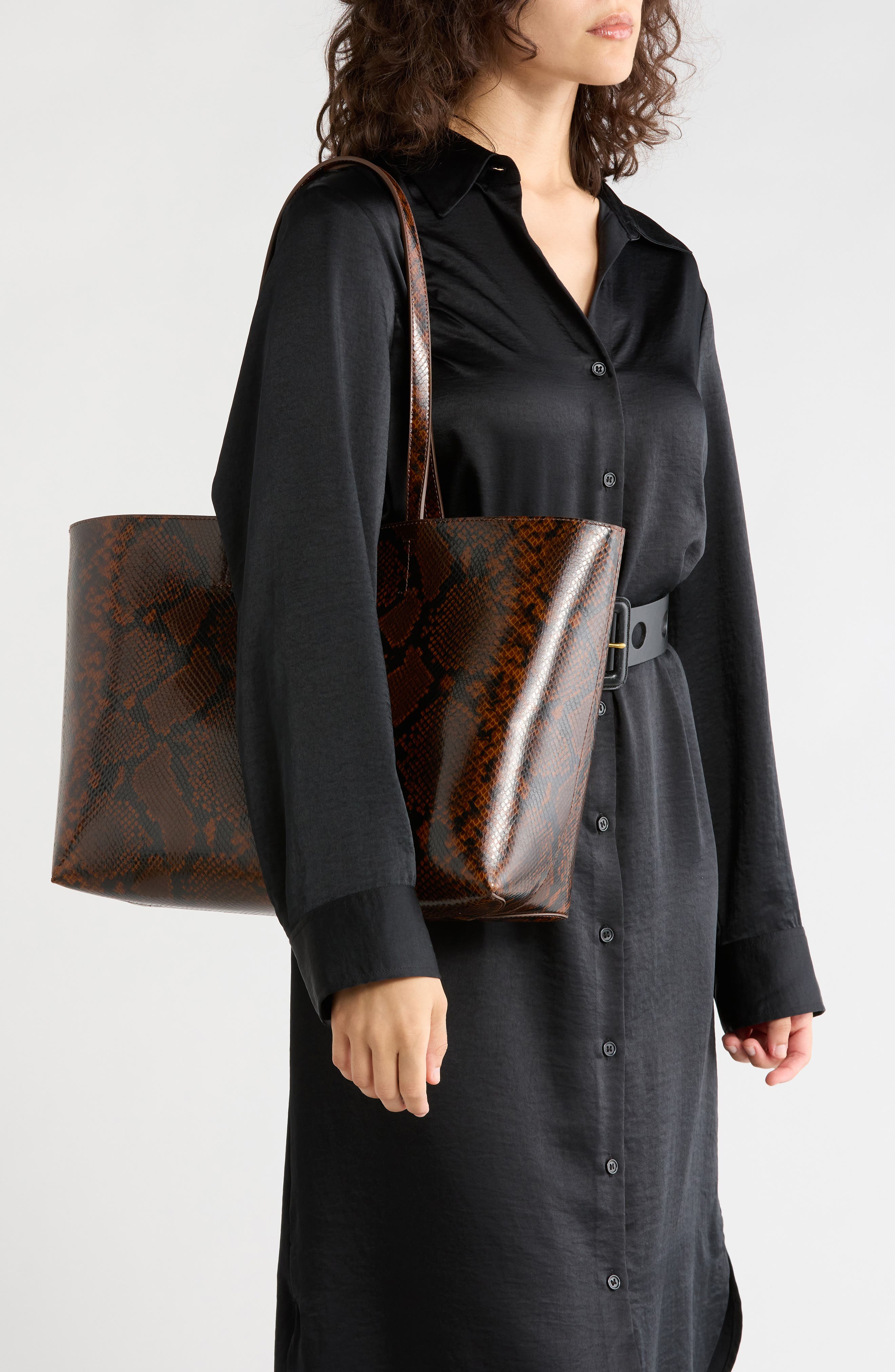 Angel Snakeskin Embossed Leather Shopper, Alternate, color, BROWN