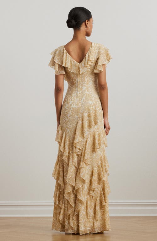 Ralph Lauren Lauren Floral Ruffle Georgette Gown In Cream/tan