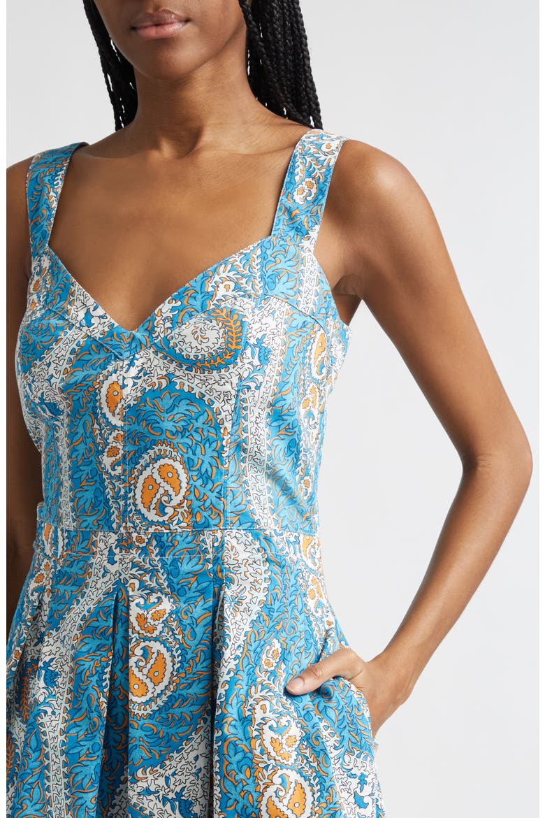 Paisley Print Pleated Fit & Flare Cotton Poplin Midi Dress, Alternate, color, PRINT ON WHITE BASE