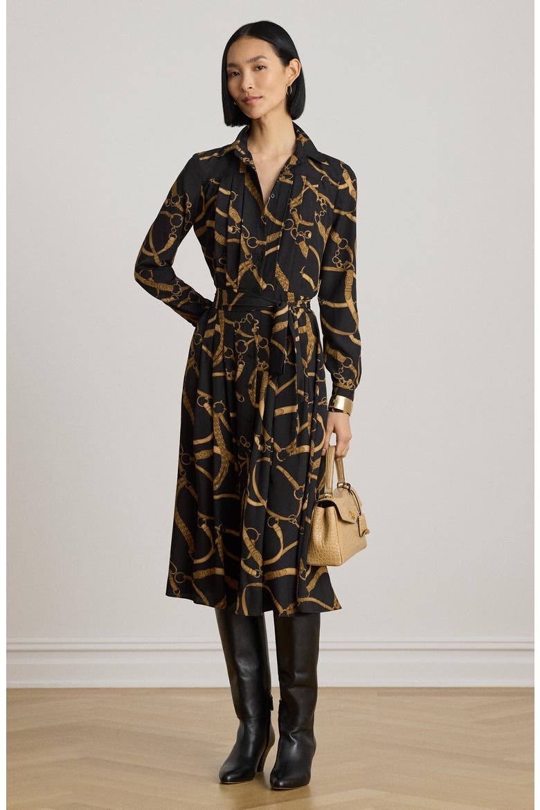 Belt Print Long Sleeve Crêpe de Chine Midi Shirtdress, Alternate, color, BLACK/ MULTI