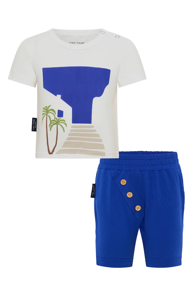 TINY TRIBE Santorini Cotton Graphic T-Shirt & Colorblock Shorts Set, Main, color, White Multi