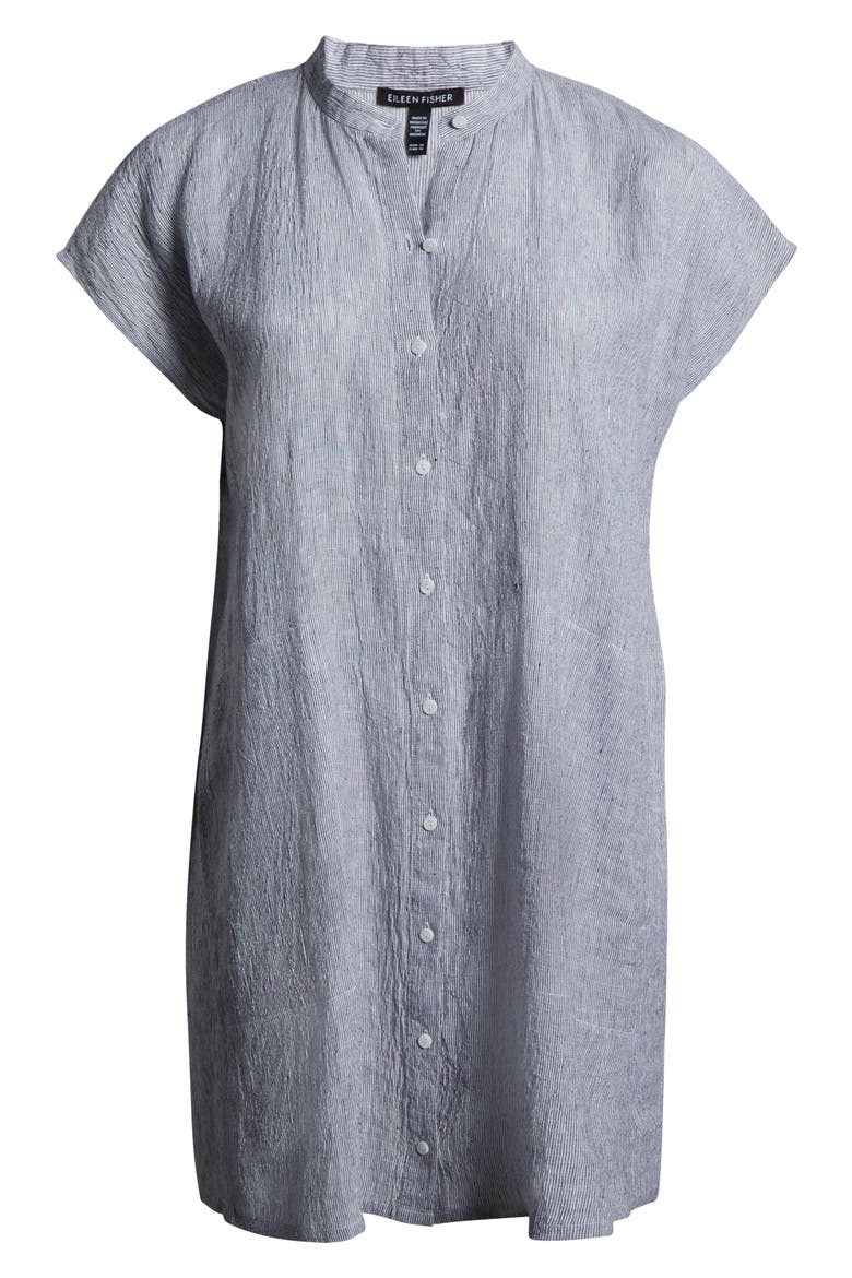 Band Collar Stripe Organic Linen Shirtdress, Alternate, color, INK