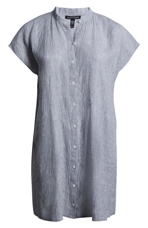 Eileen Fisher Band Collar Stripe Organic Linen Shirtdress
