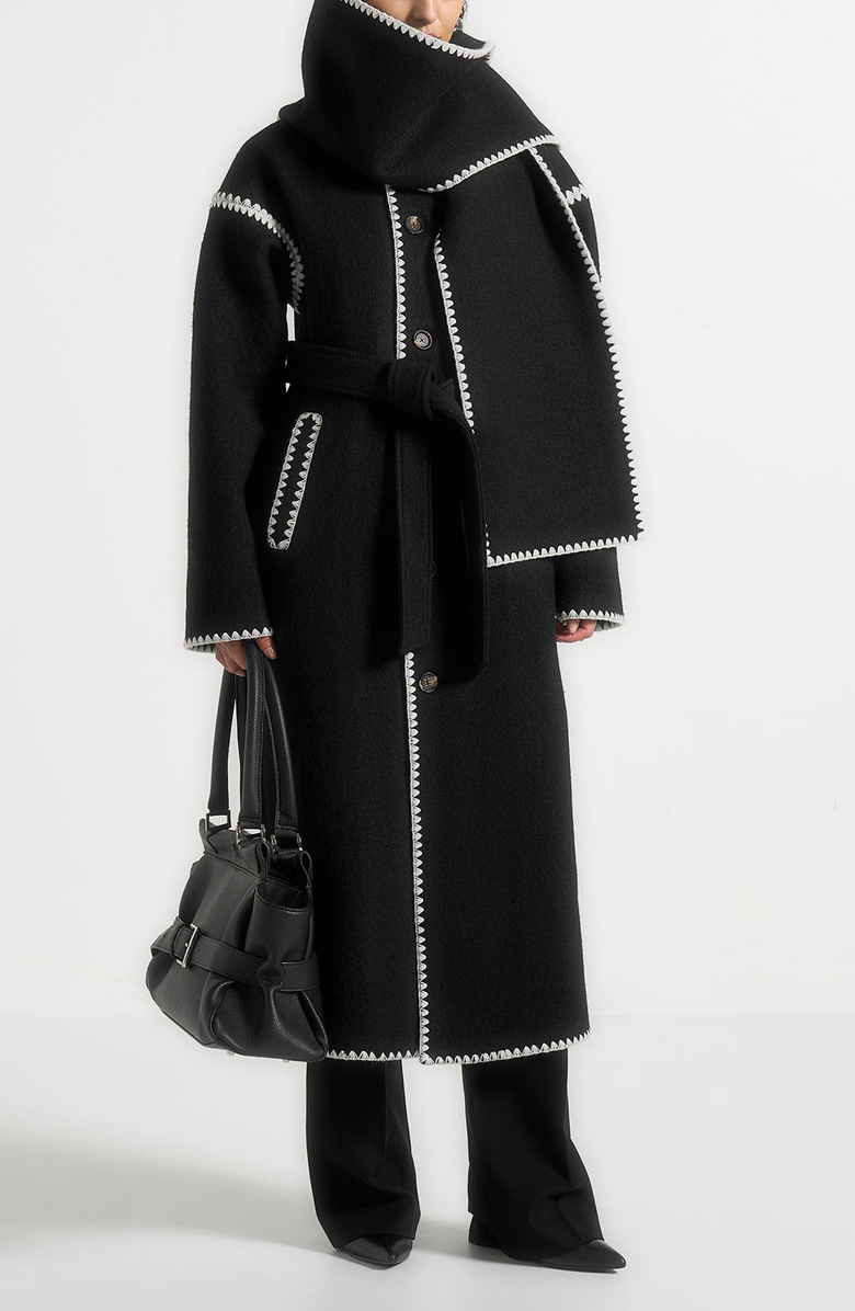 Manière De Voir Elora Wool Blanket Stitch Belted Longline Coat, Alternate, color, Black
