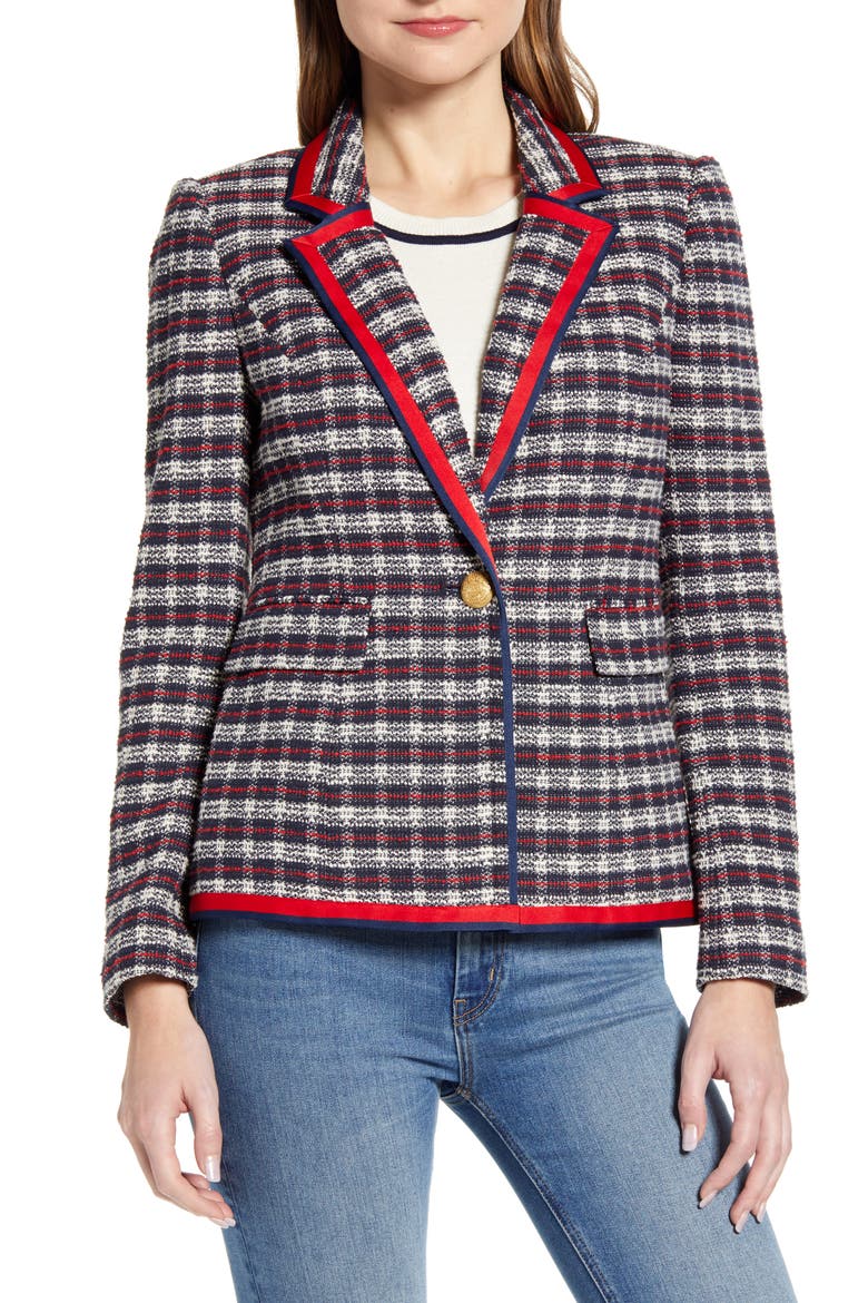 Satin Trim Plaid Tweed Blazer, Alternate, color, BLUE NIGHT