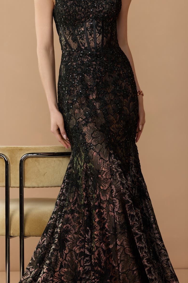 Embellished Mesh Sleeveless Trumpet Gown, Alternate, color, Black