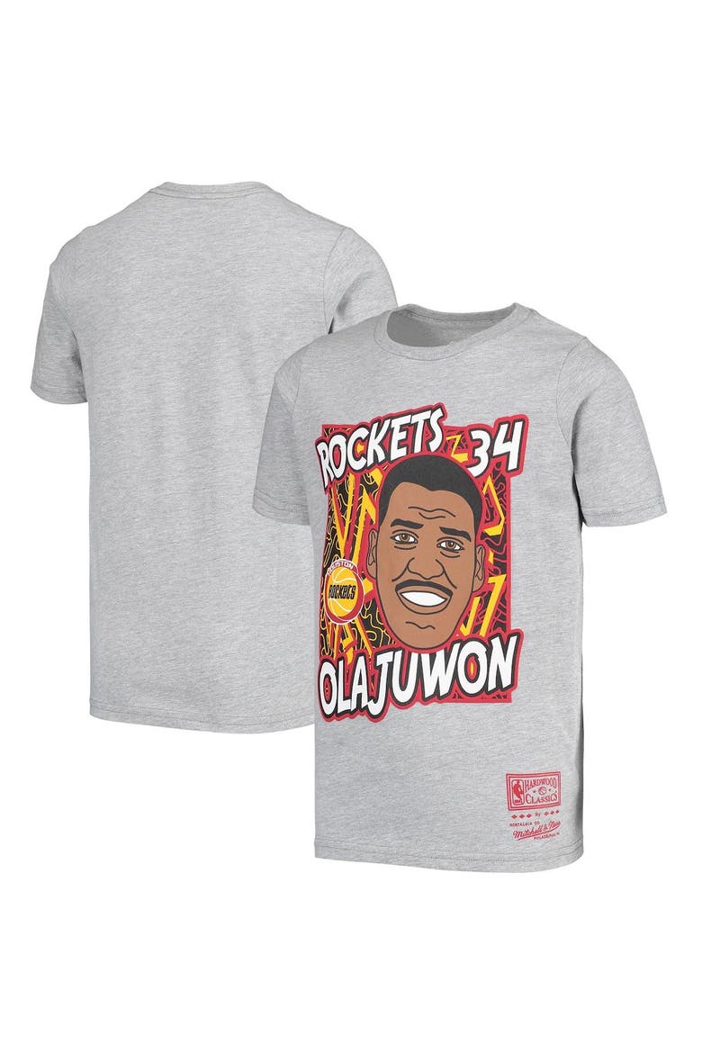 Youth Mitchell & Ness Hakeem Olajuwon Gray Houston Rockets Hardwood Classics King of the Court Player T-Shirt, Main, color, Gray