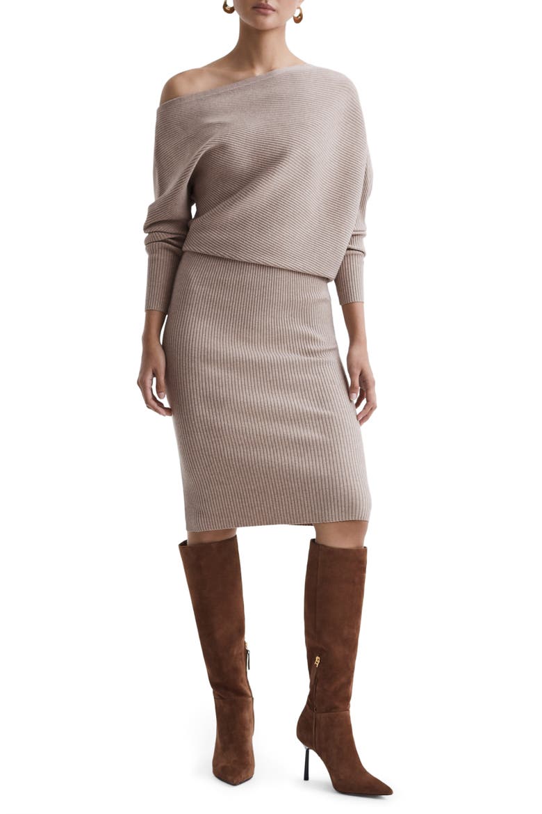 One-Shoulder Long Sleeve Rib Sweater Dress, Main, color, NEUTRAL