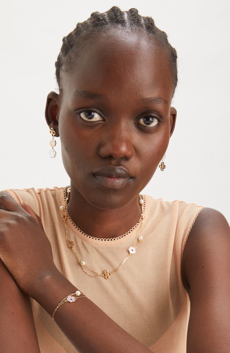 Tory Burch Kira Faux Pearl & Clover Charm Bracelet, Alternate, color, 