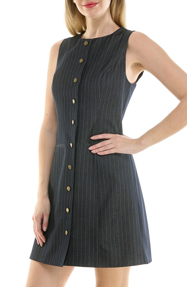Nicole Miller Pinstripe Sleeveless Shift Dress, Alternate, color, Vintage Blue / Khaki