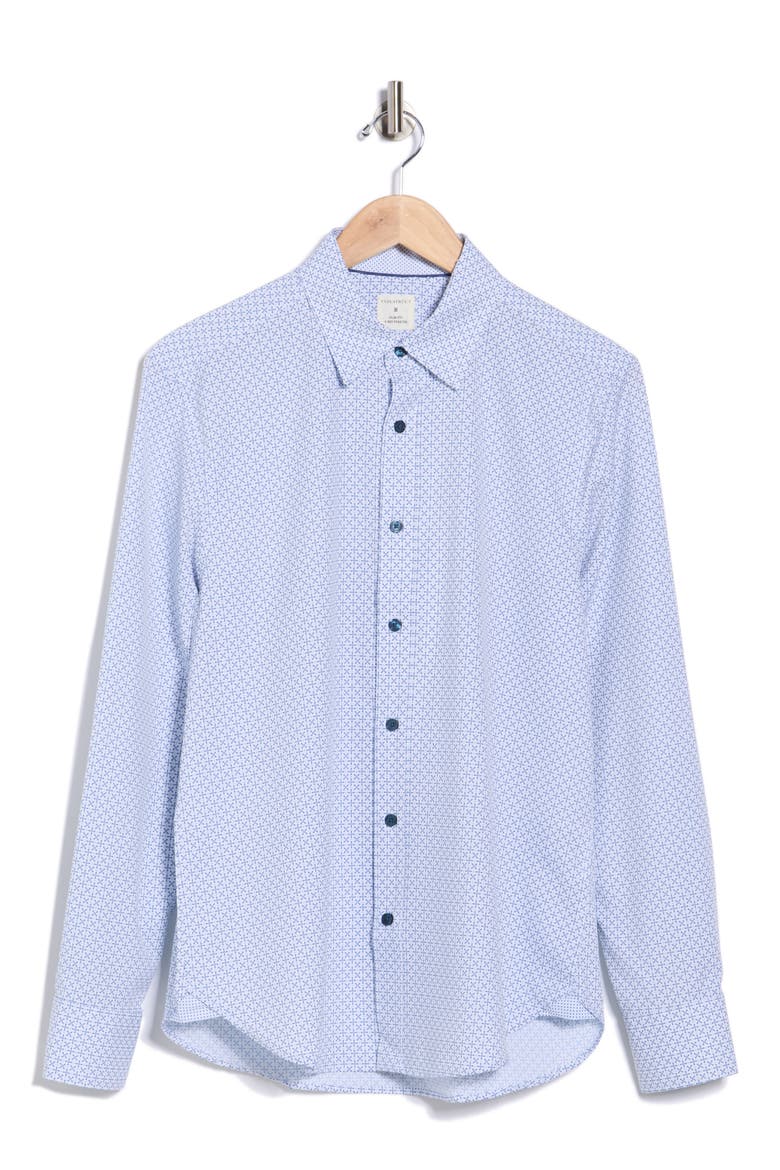 Geometric Print Slim Fit Performance Button-Up Shirt, Alternate, color, WHITE/ BLUE