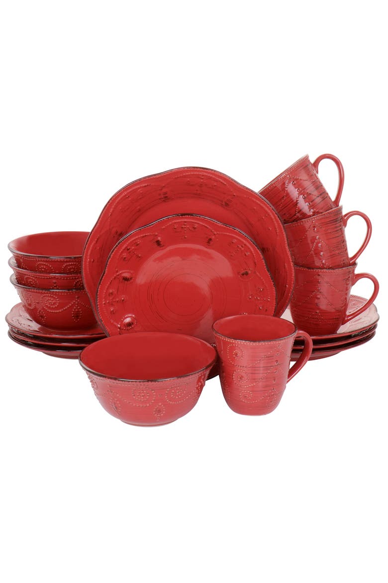 Rustic Birch 16 Piece Stoneware Dinnerware Set, Main, color, Red