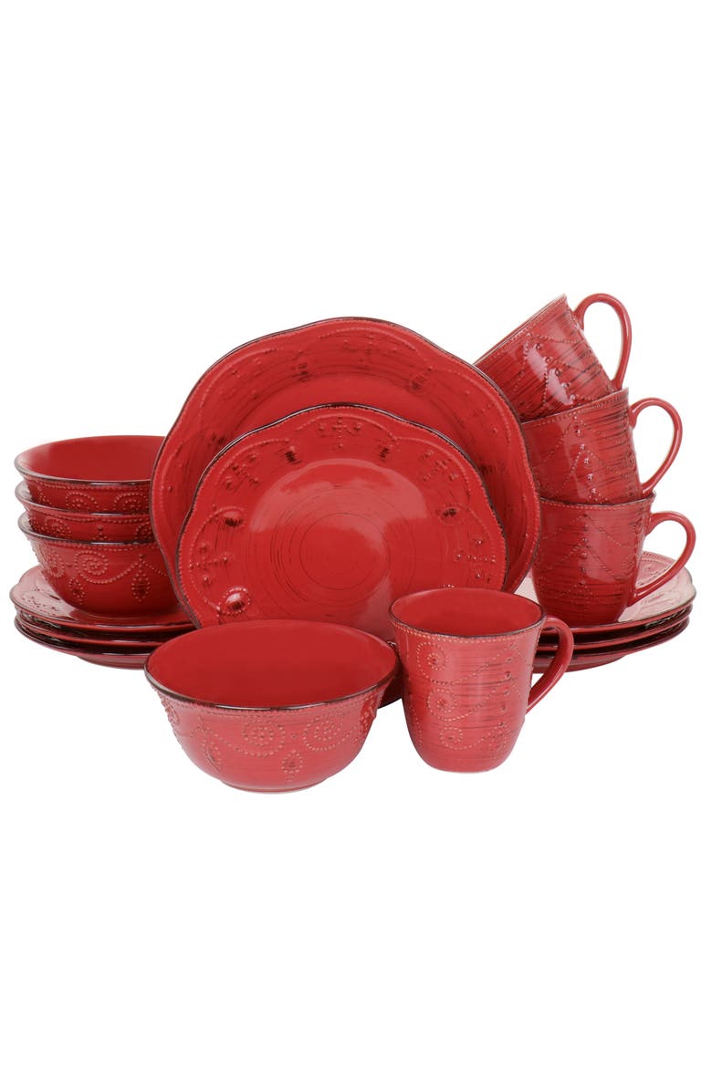 Elama Rustic Birch 16 Piece Stoneware Dinnerware Set, Main, color, Red