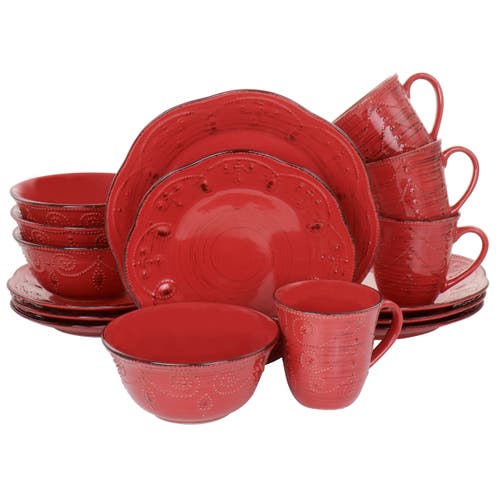 Elama Rustic Birch 16 Piece Stoneware Dinnerware Set In Red