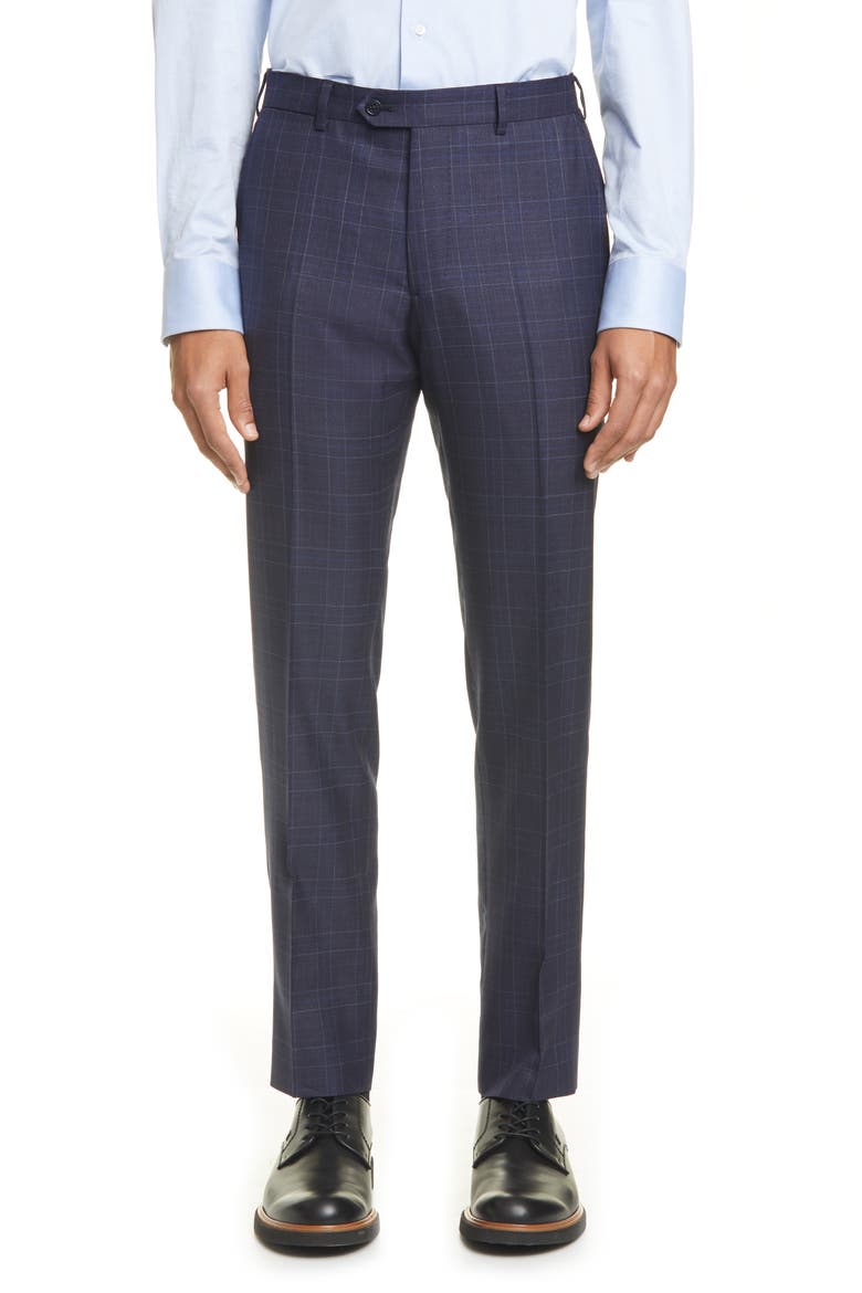 G Line Trim Fit Plaid Wool Blend Suit, Alternate, color, NAVY