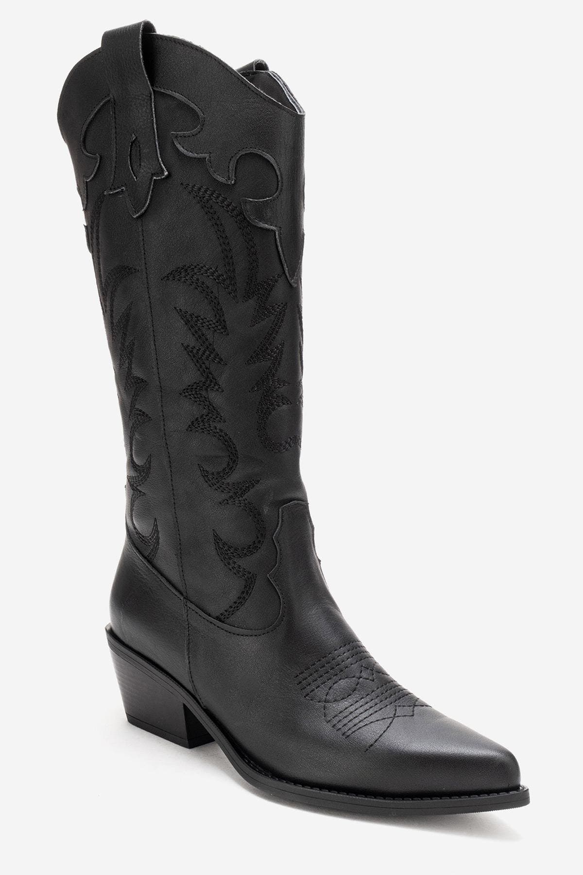Matias Leather Block Heel Western Boot, Main, color, Black