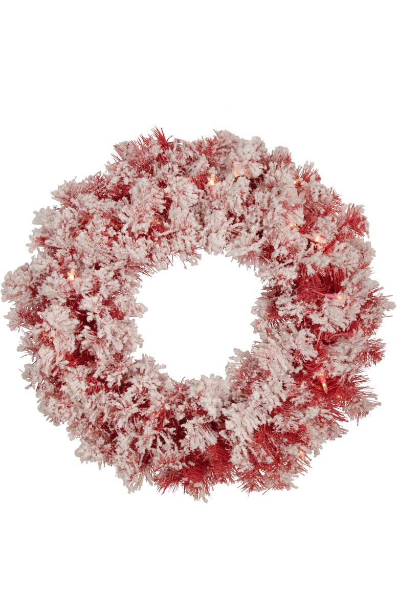 Northlight Pre-Lit Flocked Artificial Christmas Wreath - 24" - Red - Clear Lights, Main, color, Red