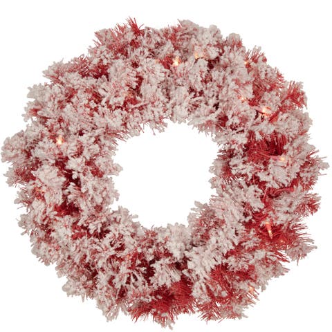 Pre-Lit Flocked Artificial Christmas Wreath - 24" - Red - Clear Lights