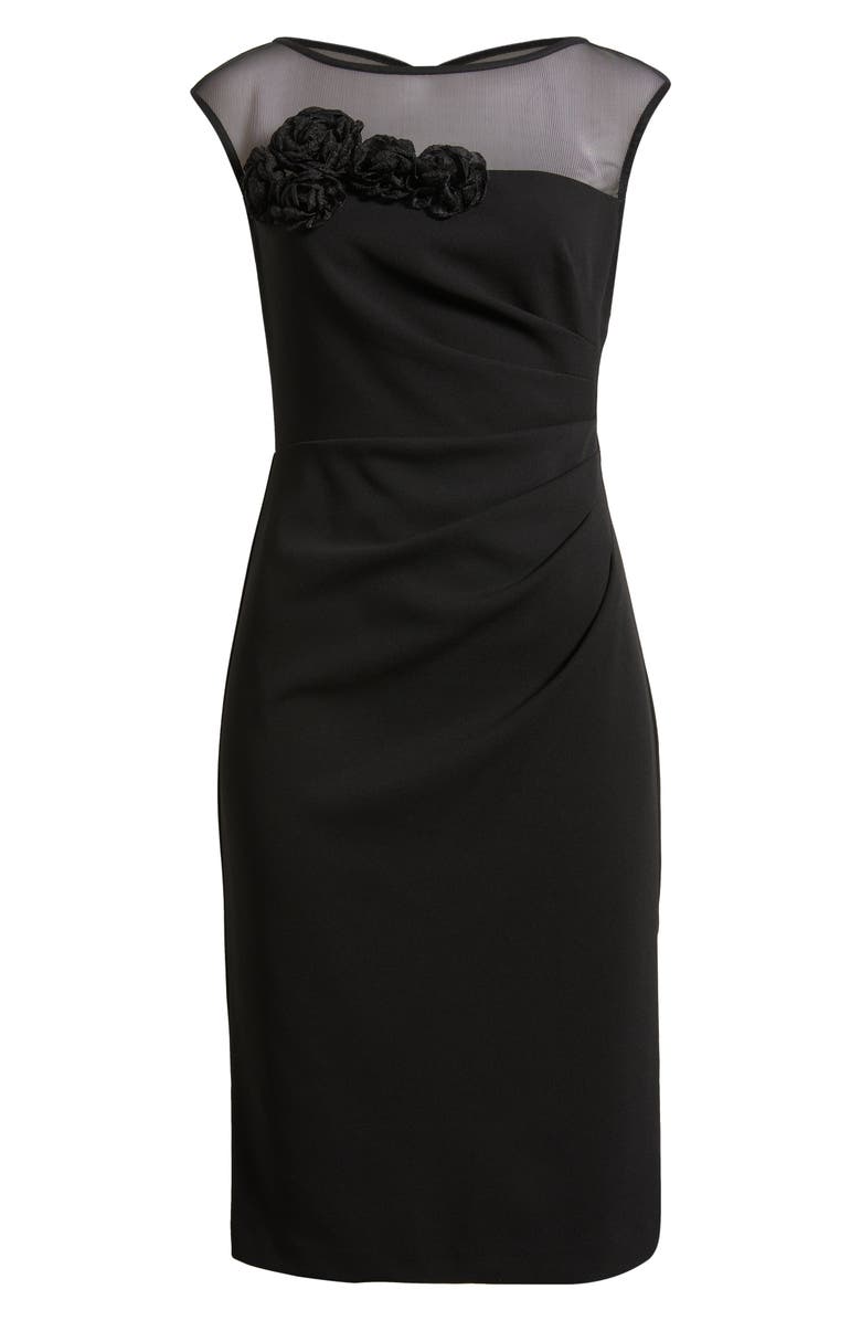Eliza J Rosette Detail Mesh & Scuba Crepe Cocktail Sheath Dress, Alternate, color, Black
