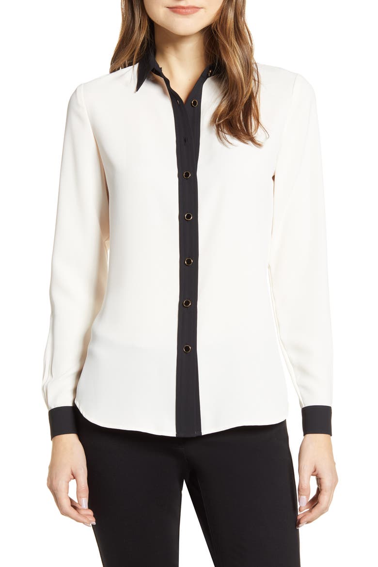 Contrast Detail Button-Up Blouse, Main, color, ANNE WHITE/ ANNE BLACK