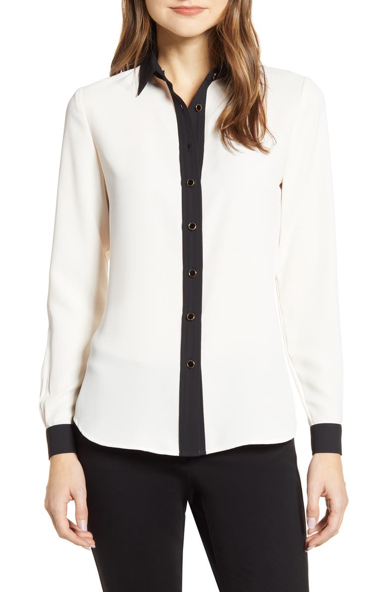 Anne Klein Contrast Detail Button-Up Blouse, Main, color, 