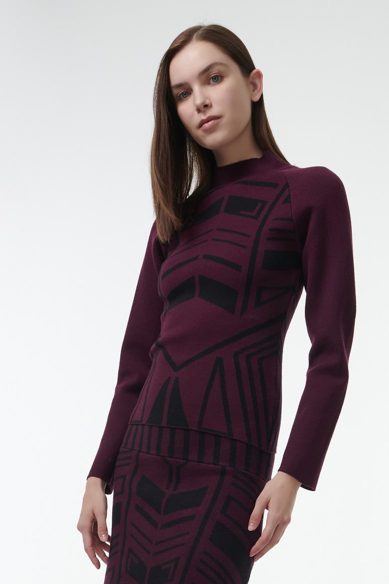 Geometric Jacquard Fitted Knit Top, Alternate, color, Red