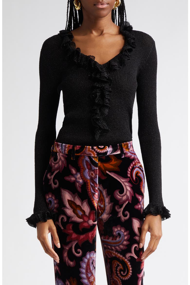 Ruffle Trim Glitter Rib Top, Main, color, BLACK