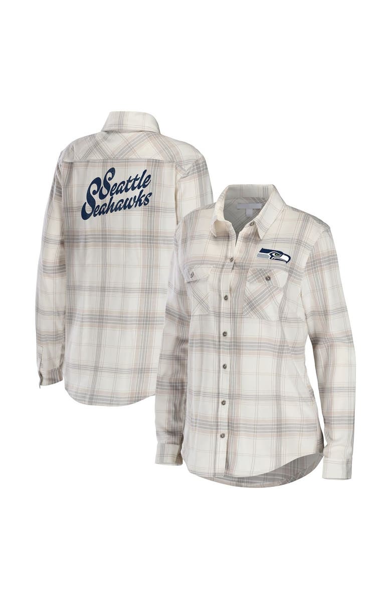 WEAR by Erin Andrews Women's WEAR by Erin Andrews Cream/Gray Seattle Seahawks Plaid Flannel Tri-Blend Long Sleeve Button-Up Shirt, Alternate, color, 