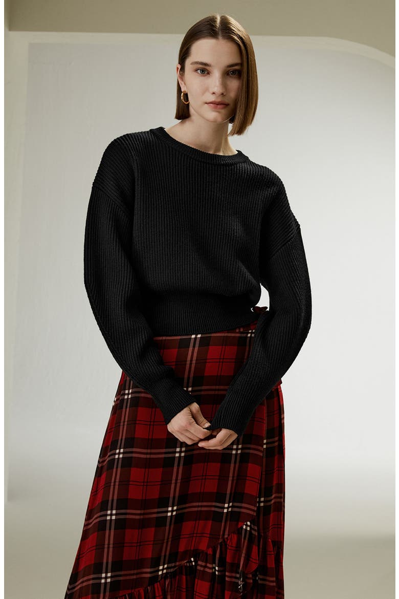 Round Neck Drop-Shoulder Merino Wool Sweater, Alternate, color, Black