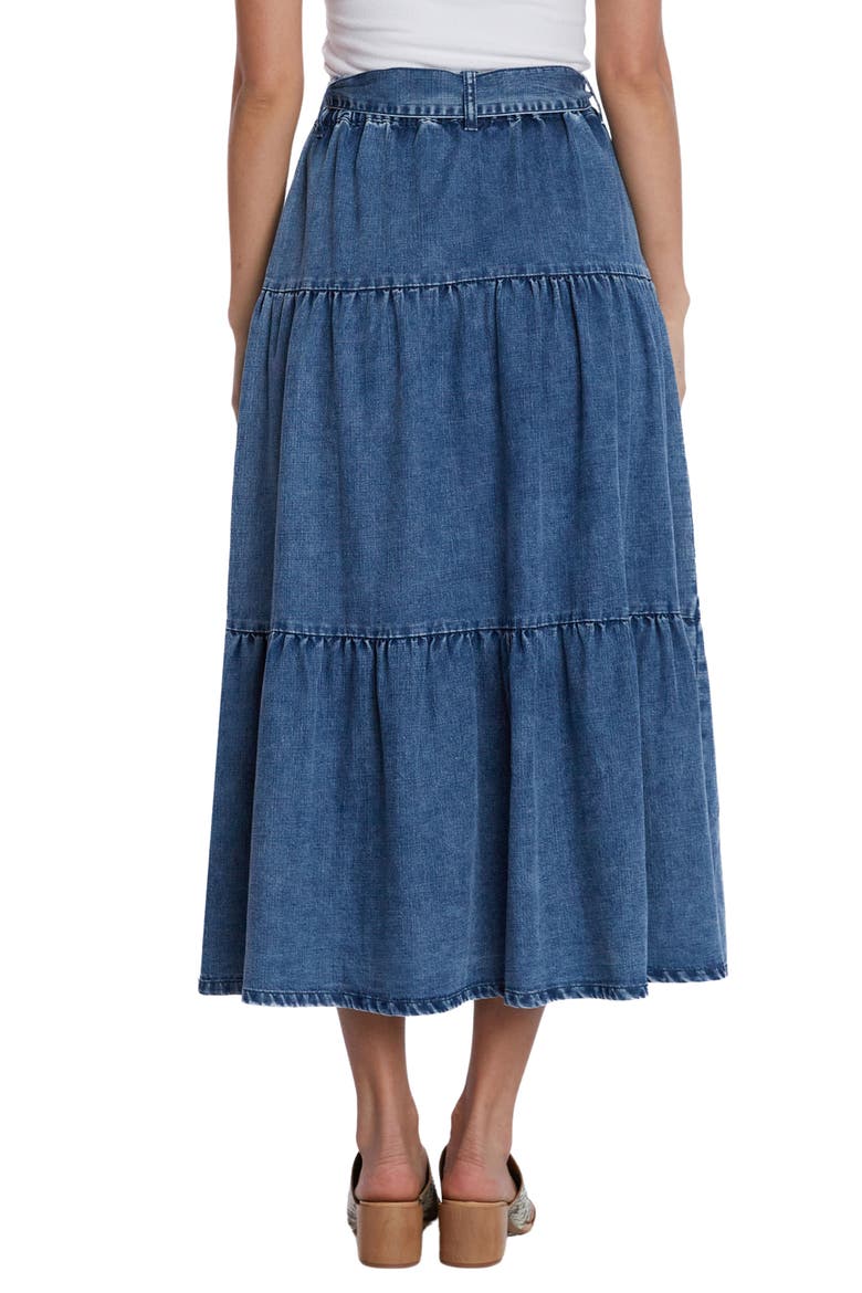 Tiered Tie Belt Denim Maxi Skirt, Alternate, color, HILO BLUE