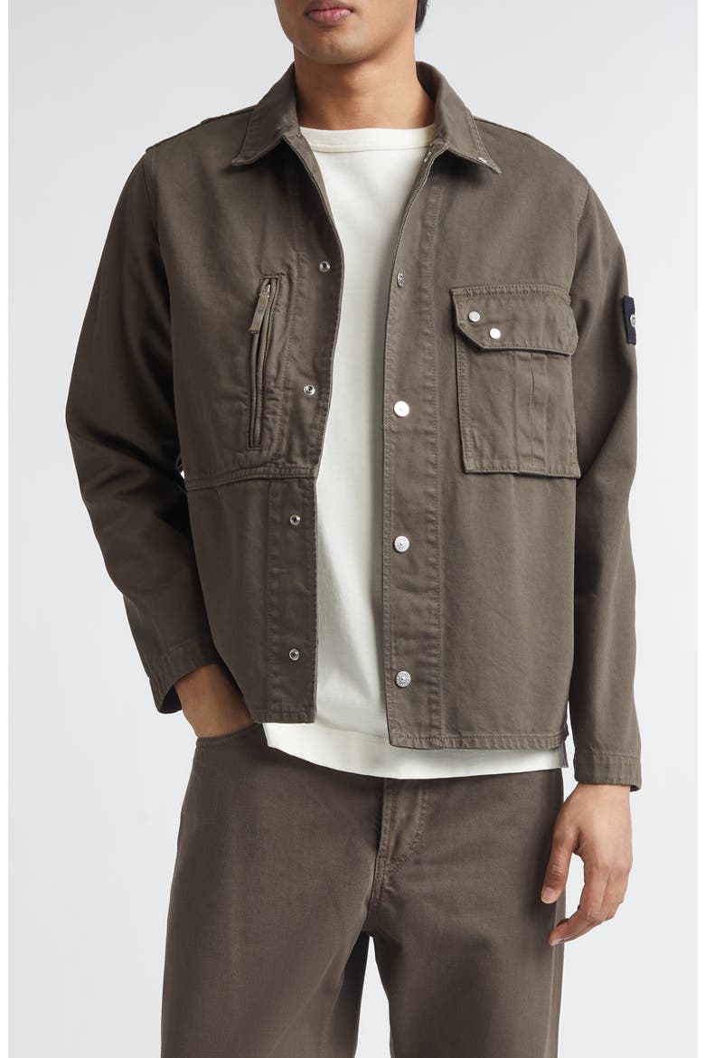 Compass Logo Patch Denim Snap-Up Overshirt, Main, color, UMBER