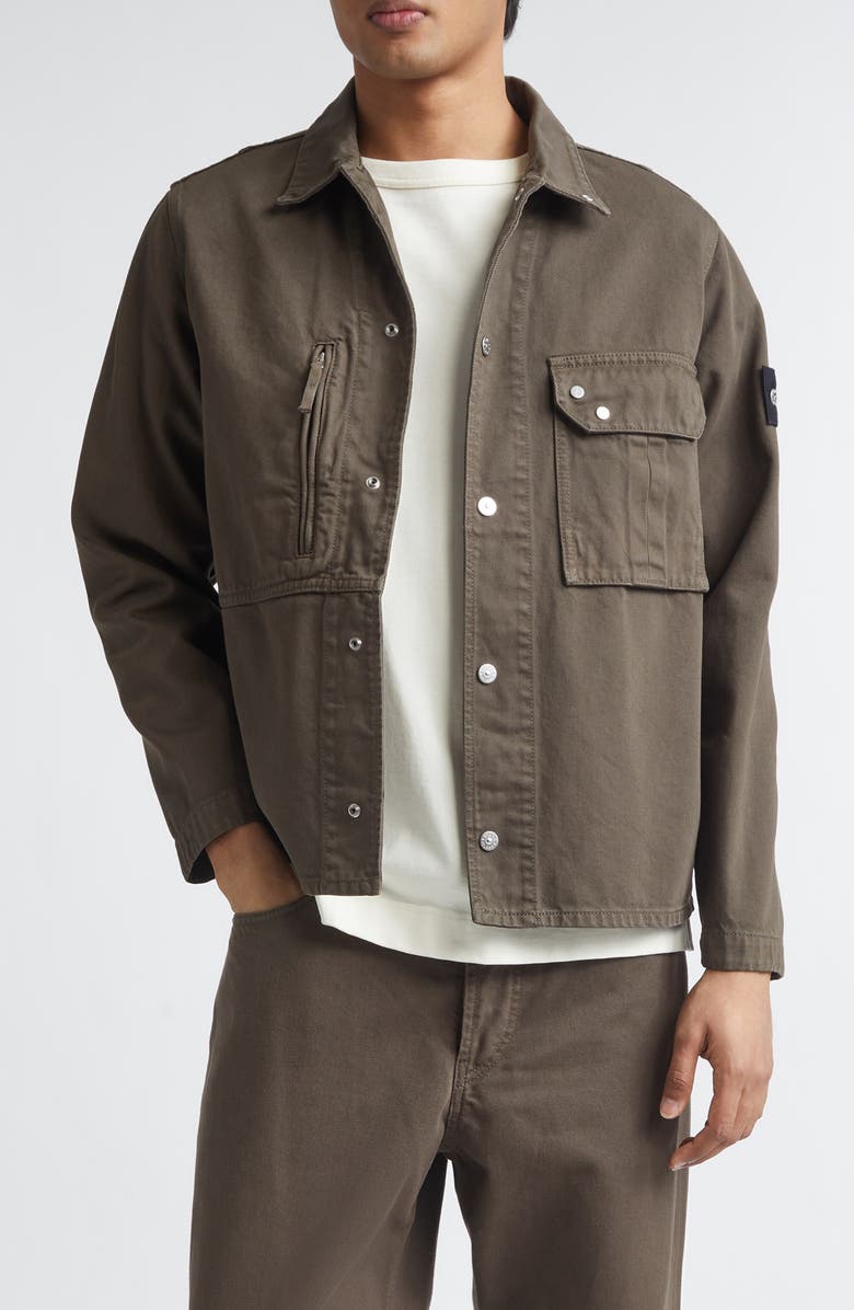 Stone Island Compass Logo Patch Denim Snap-Up Overshirt, Main, color, Umber
