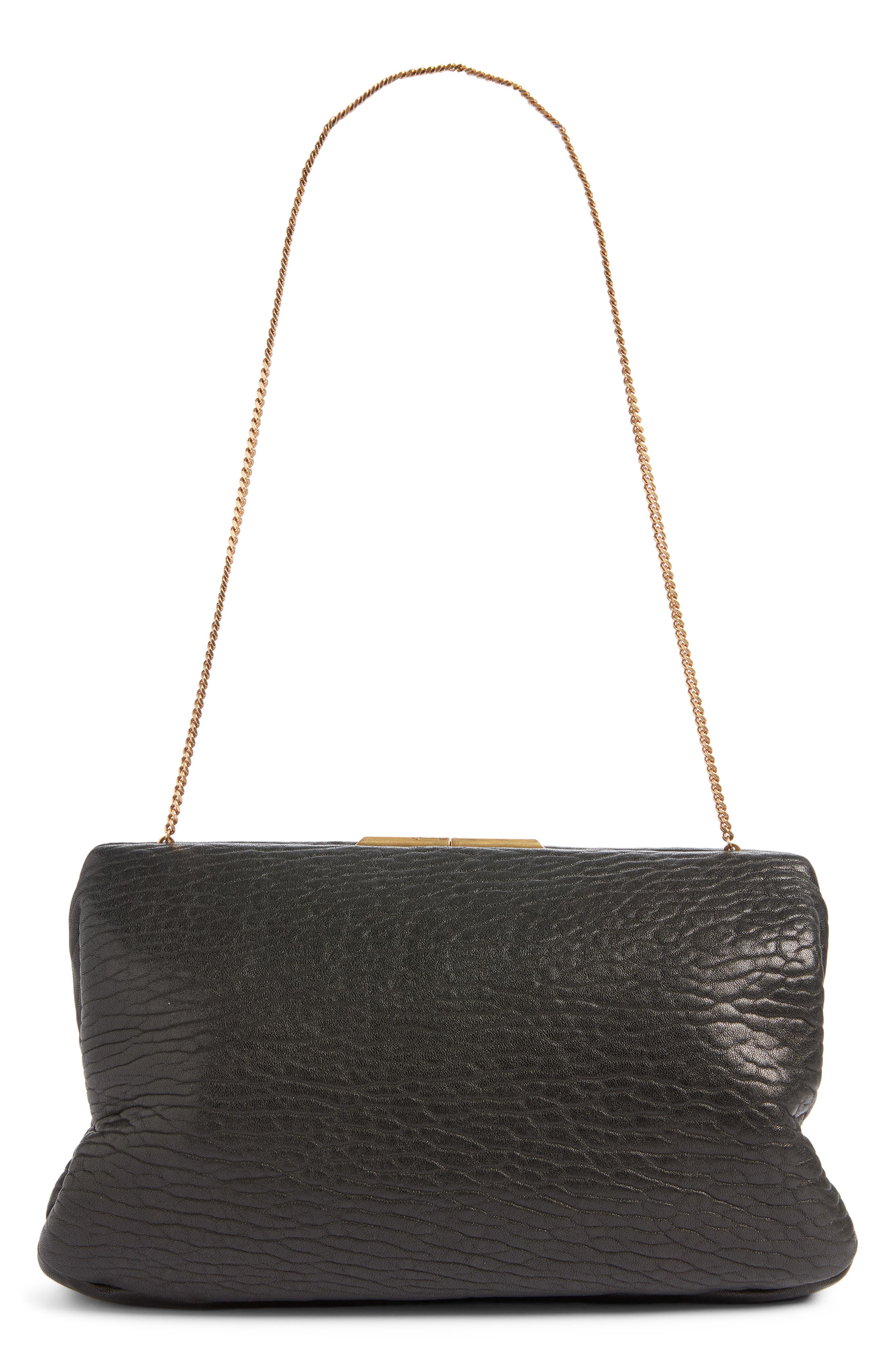 Saint Laurent Large Crinkled Leather Frame Clutch, Main, color, Noir