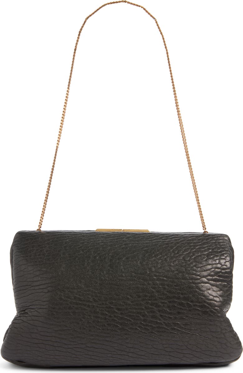 Saint Laurent Large Crinkled Leather Frame Clutch, Main, color, Noir