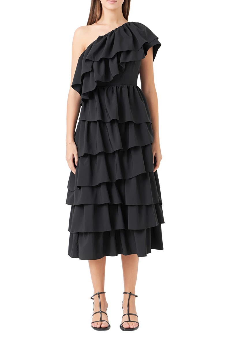 Ruffle One-Shoulder Tiered Ruffle Midi Dress, Main, color, BLACK