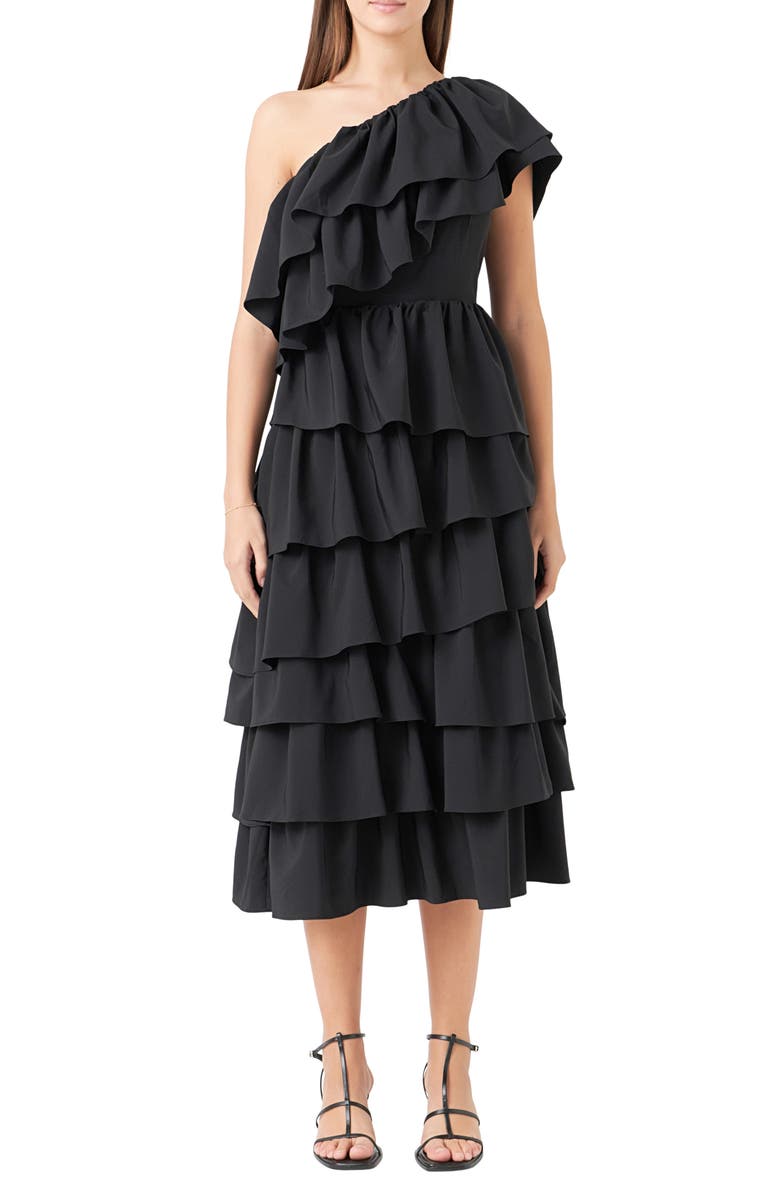 Endless Rose Ruffle One-Shoulder Tiered Ruffle Midi Dress, Main, color, Black